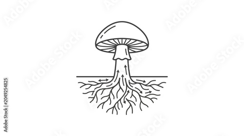Photos Simple mushroom and mycelium root network line art icon.