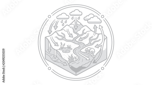 Foto Circular emblem showing mountain water cycle and ecosystem.