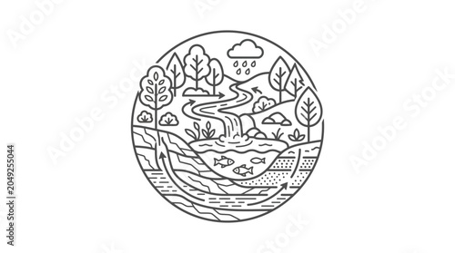 Foto Decorative badge of a forest river and mountain landscape.