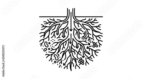 Minimalist tree root system line art with soil microorganisms.
