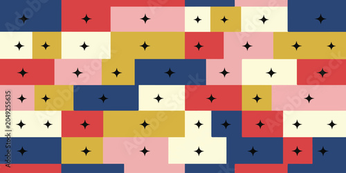 Retro colorful geometric block pattern with star icons geometric background colorful. abstract composition wallpaper decoration template creative backdrop illustration rectangles artistic.