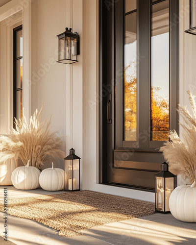 Elegant Autumn Front Porch with White Pumpkins and Neutral Seasonal Decor