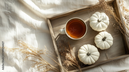 Cozy Autumn Tea Tray with White Pumpkins and Warm Sunlight