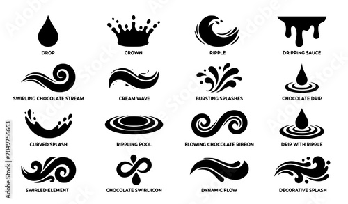 Chocolate splash vector icon set with liquid cream wave elements