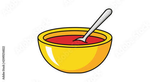 Foto Yellow bowl of red tomato soup.
