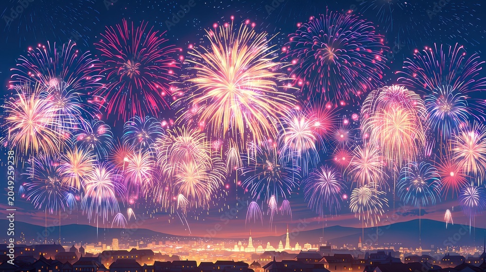 Obraz premium celebratory fireworks over city skyline