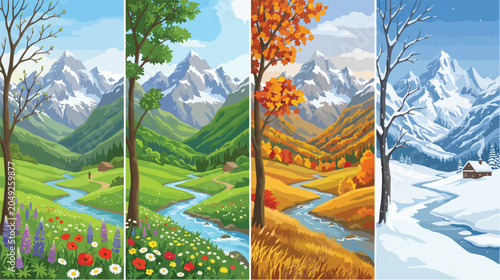 Tableau sur toile Four vertical panels showing a beautiful mountain landscape changing through the