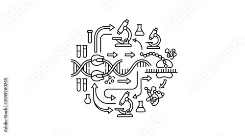 Foto Biotechnology cycle icon with DNA and laboratory equipment.