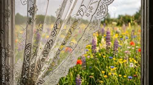 Lace curtain window view overlooking a vibrant summer wildflower meadow