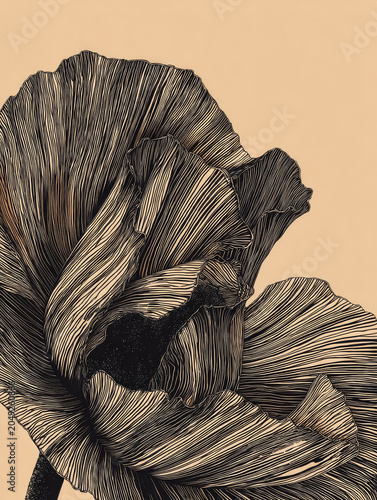 Detailed black and beige line art of flower with intricate woodcut style lines creating textured and elegant botanical illustration