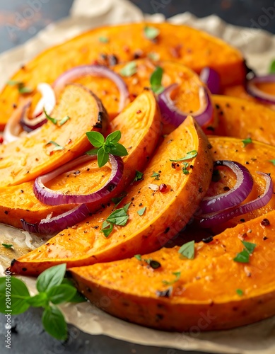 A vibrant plate of roasted sweet potato slices