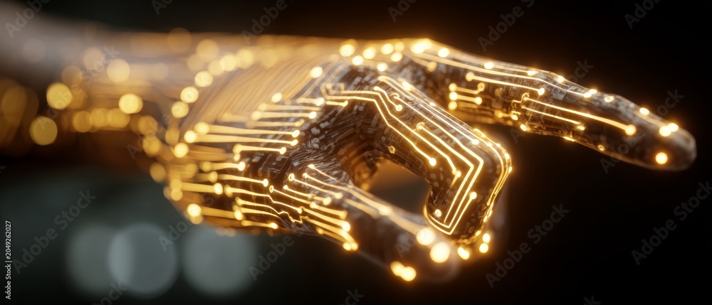 Fototapeta premium Harnessing the power of ai microchips for enterprise growth. Intelligent design. Slight change: ai microchip in a hand, enhancing business tech stands out. Futuristic technology.