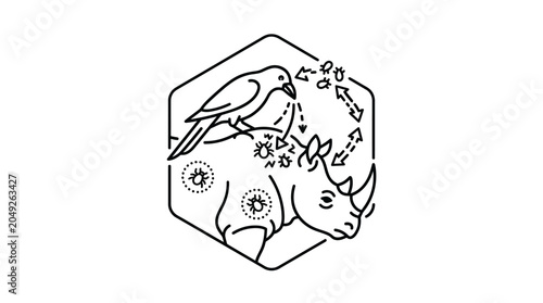 Foto Stylized icon showing oxpecker bird on rhinoceros head.