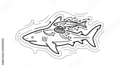 Fotografie Stylized shark and remora symbiotic relationship line art.
