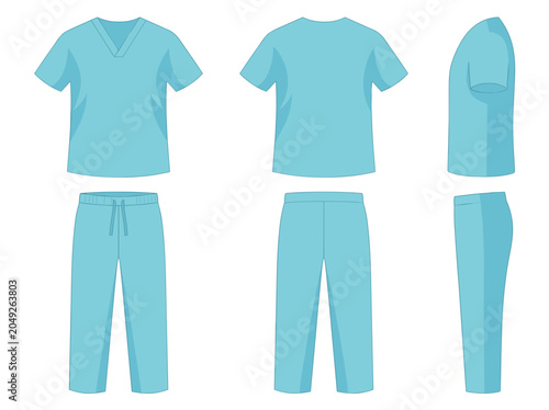 Vector realistic set of light blue v-neck shirts and trousers, medical scrubs loungewear isolated on transparent background. Mockup for clothes design, front, rear and side view