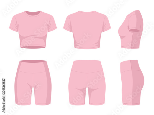 Vector realistic set of pink crop tops and biker shorts, female yoga fitness wear isolated on transparent background. Mockup for clothes design, front, rear and side view