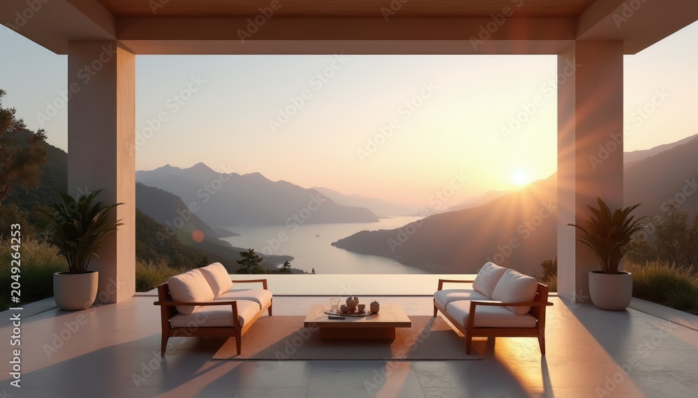 Fototapeta premium Modern minimalist terrace offers serene mountain lake view at sunset. Two white sofas and coffee table create relaxation space. Infinity pool blends with distant landscape. Natural outdoor seating.