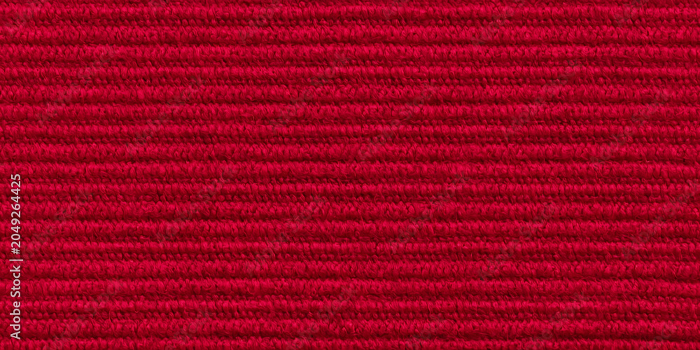 Fototapeta premium Red fabric background – seamless texture of textile material. Long wide solid red backdrop of woven linen cloth swatch.