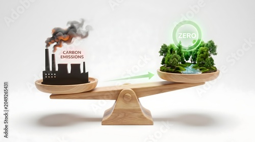 A conceptual 3D render illustrating carbon neutrality on a wooden seesaw balance scale. On one side, a dark smoking factory represents carbon emissions, while the other side is weighted with a lush gr