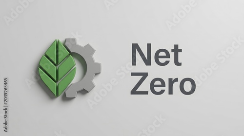Net zero emission concept with 3D green leaf and gear icon on clean grey background