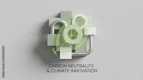 Abstract geometric composition representing carbon neutrality and climate innovation with 3D shapes and tech leaf icon
