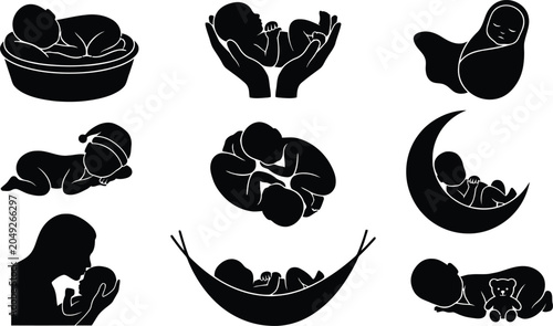Foto Black and white baby sleeping positions illustration