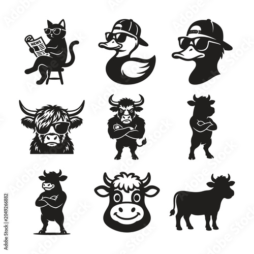 Quadro su tela black animal silhouettes with sunglasses and hats