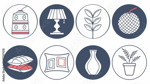 Foto Decorative home interior icons set featuring lamp and plants interior cushions