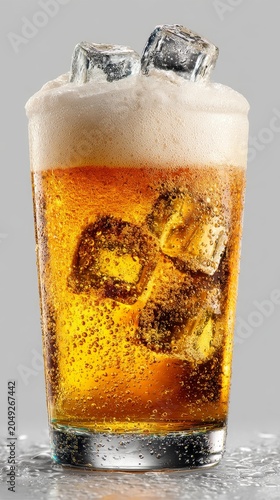 Refreshing iced beer in glass with frothy head and floating ice cubes. Golden beverage with bubbles and condensation for summer, bar, and lifestyle concepts.