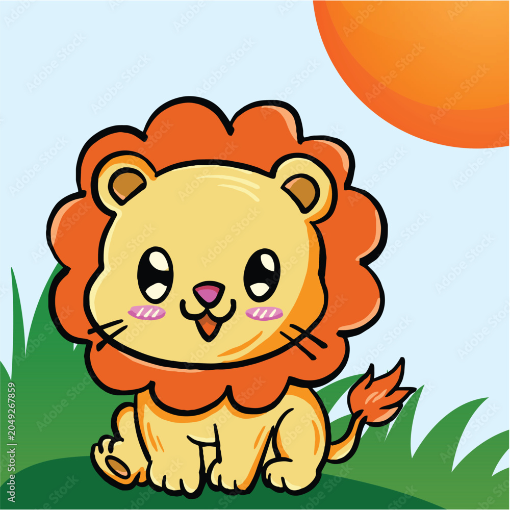 Obraz premium Happy little lion vector illustration with bright colors and friendly expression. Cute animal cartoon suitable for educational resources, storybooks, stickers, and children's creative activities.