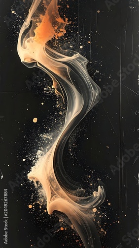 A swirling, abstract design with orange and white hues