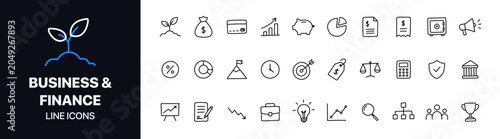 Hand drawn business and finance line icons featuring banking, budgeting, analytics, investments, and financial management symbols. Ideal for websites, fintech apps, presentations, dashboards.