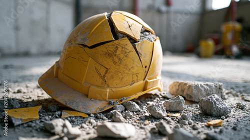 Broken Worker Helmet on Construction Site Floor After Industrial Accident