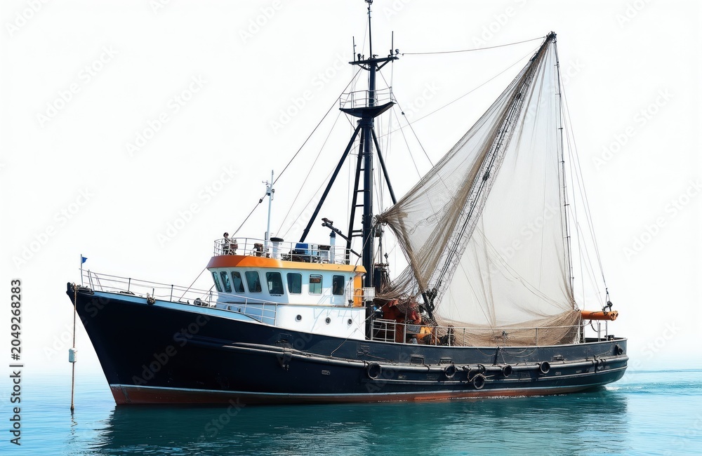 Obraz premium Fishing trawler sails on blue ocean water. Nets deployed for catching seafood, commercial boat at sea. Maritime industry vessel operates offshore.