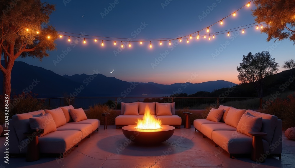 Fototapeta premium Outdoor lounge with sofas around fire pit. String lights glow under twilight sky. Mountain and lake view at dusk. Cozy evening patio setting.