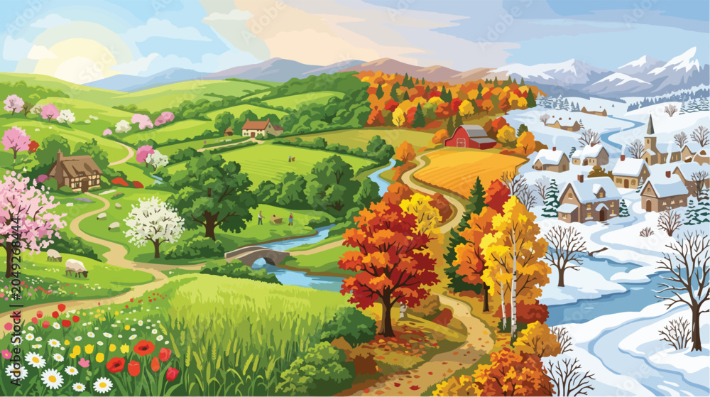 Obraz premium Beautiful landscape illustration showcasing the four seasons changing across a vibrant countryside valley featuring blossoming flowers golden autumn trees and a peaceful snow covered winter village