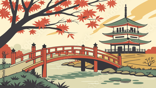 Tableau sur toile Japanese temple with red arched bridge and autumn maple tree japanese cultural