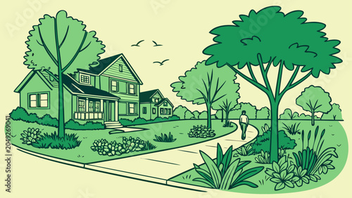 Person walking on residential neighborhood sidewalk with trees, suburban
