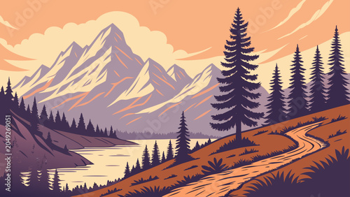 Graphic illustration of a mountain range with a winding road at sunset, climbing