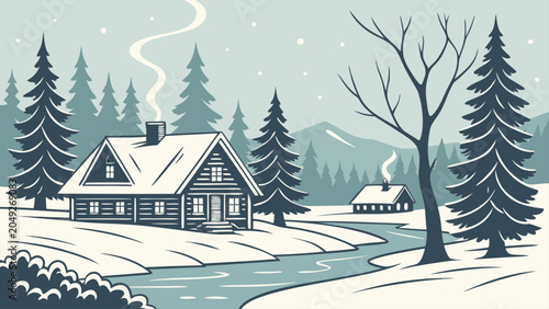 Cozy winter cabin landscape with snow covered forest landscape mountains