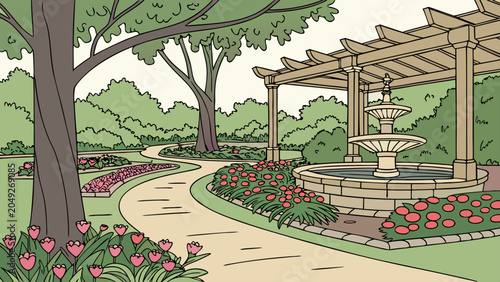 Classic garden pergola with tiered stone water fountain, landscape