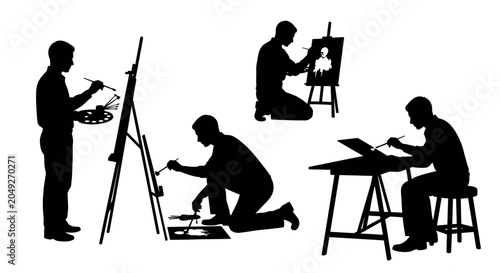 Silhouette of artists at work stations.