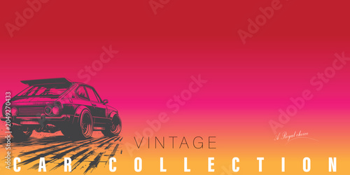 Schilderij op canvas A stylized illustration of a vintage sports car with a bold spoiler speeds across a vibrant, gradient background, evoking a sense of nostalgia and power