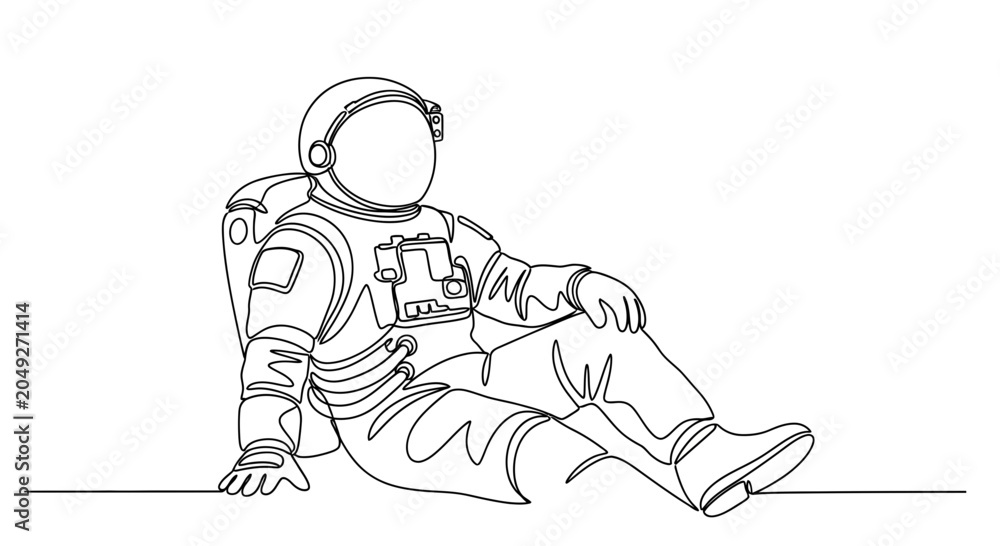 Fototapeta premium Astronaut relaxing in space, continuous line drawing