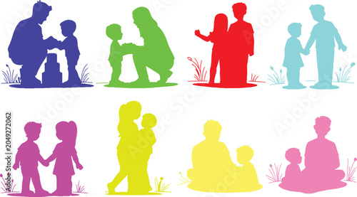 A colorful illustration of diverse family relationships and bonding moments