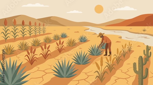 Fotografie Drought-Resistant Crops Growing in Arid Climate Region
