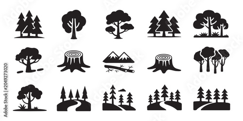 Set of forestry icons including pine trees stumps forest landscapes and wooden logs for natural design.