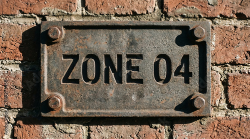 Rusted metal Zone 04 sign bolted on industrial brick wall