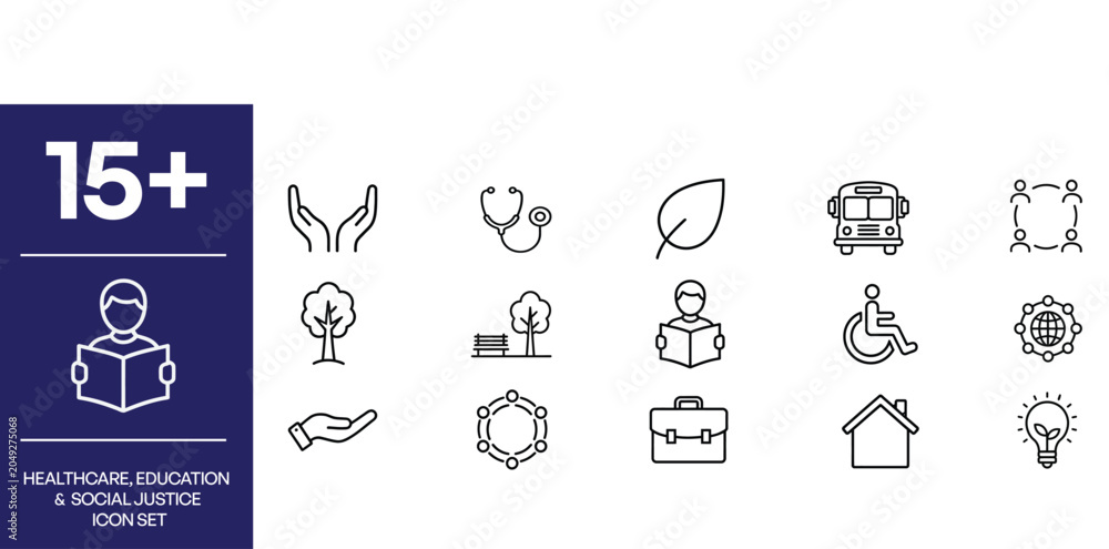 Fototapeta premium Healthcare, Education and Social Justice Symbols for Public Policy icon set