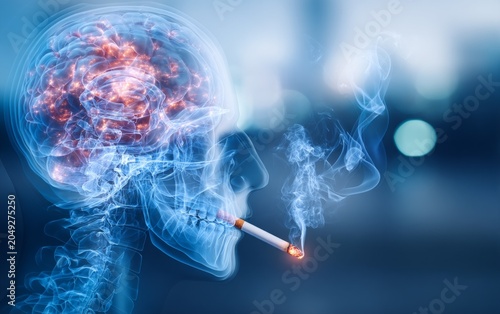 Human Skeleton with Brain and Smoking Cigarette in Profile View